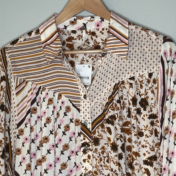 Free People Hazel Buttondown Oversized Top in Tea Combo Size Medium NWT - Picture 4 of 9